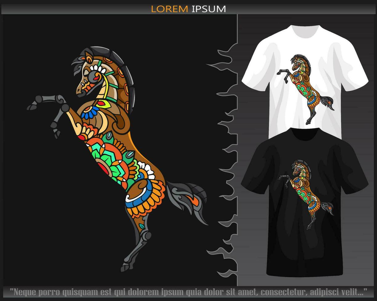 Colorful Horse head mandala arts isolated on black and white t shirt. vector