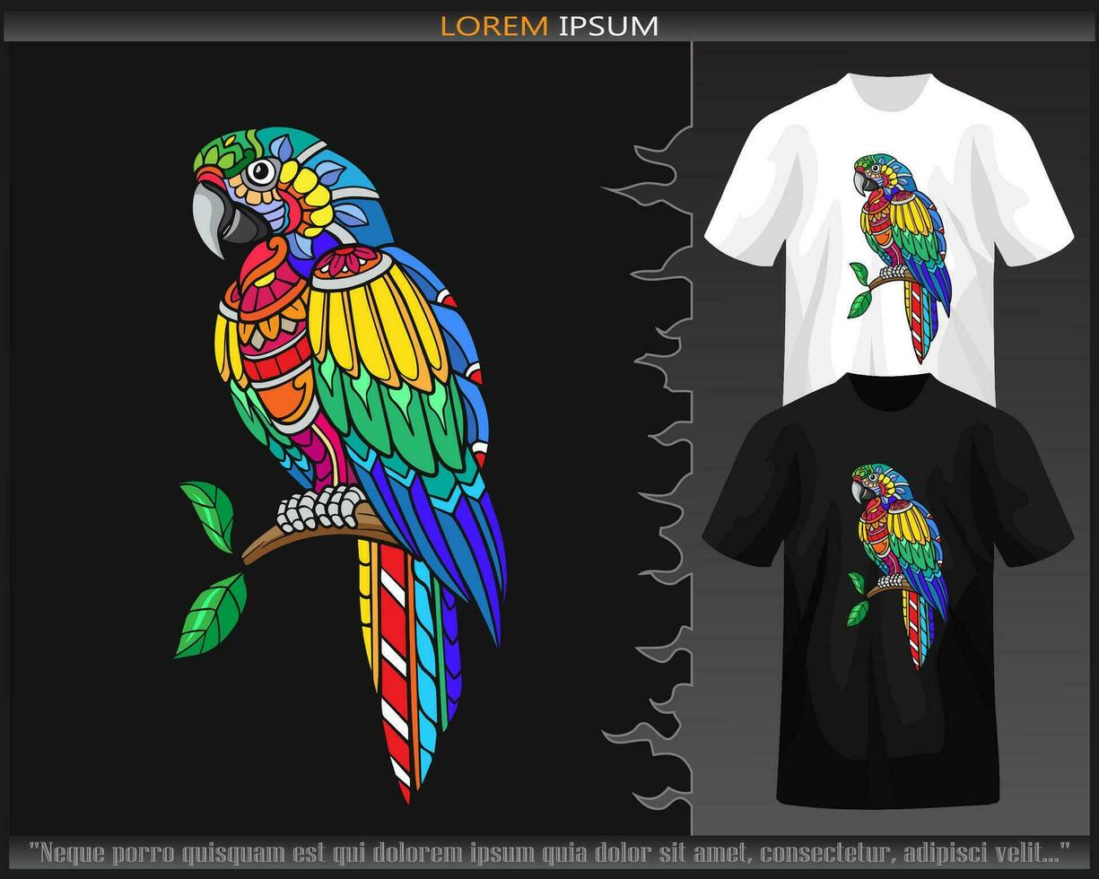 vistoso guacamayo pájaro mandala letras aislado en negro y blanco t camisa. vector