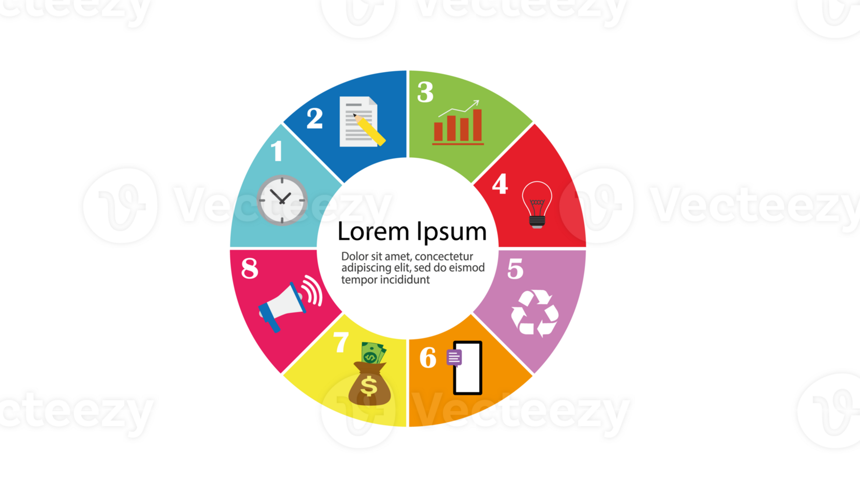 infografica modello con quattro passaggi o punti nel segmento torta modulo collegato per ogni altro e campione testo png