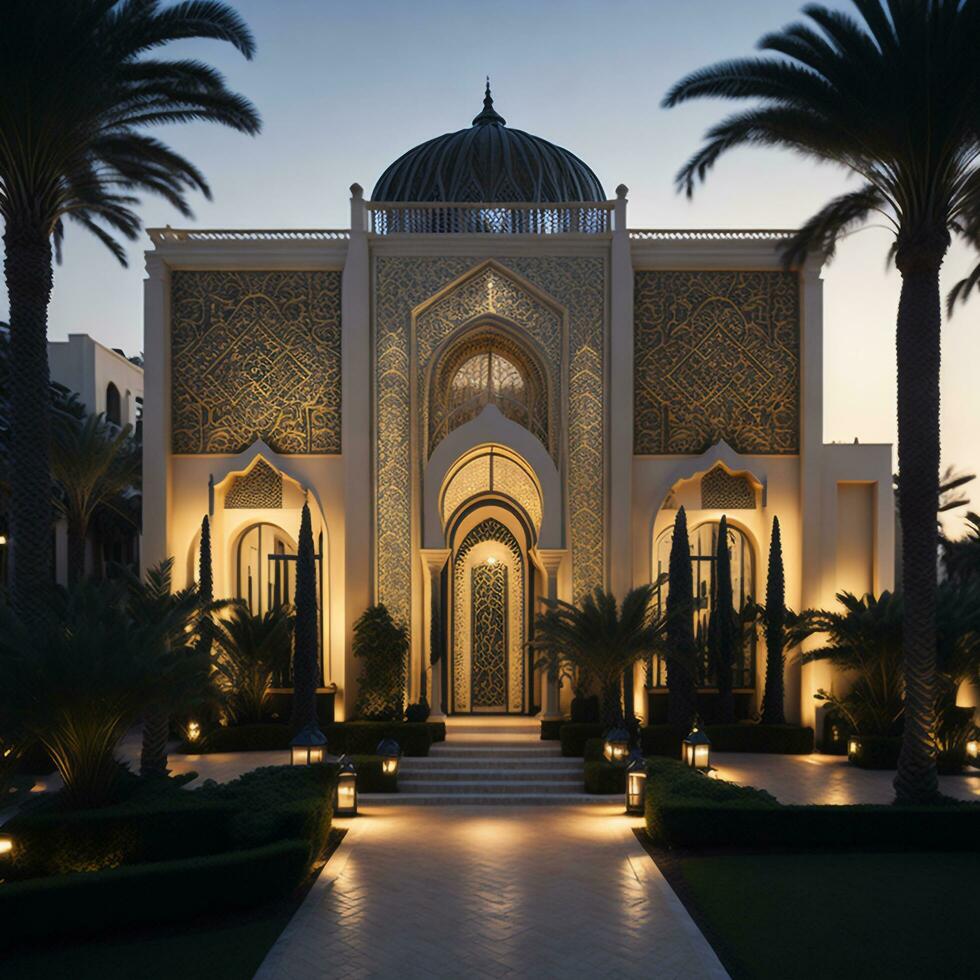 Realistic Arab style villa with realistic professional faade lighting is the subject Generative AI photo