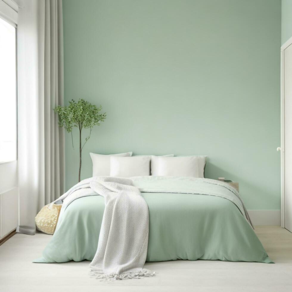 A minimalist bedroom with a light green wall, a simple bed with a textured pillow, and a light blanket draped over the edge. Generative AI photo