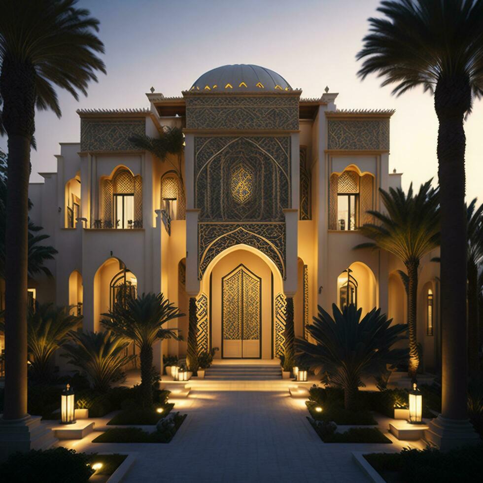 Realistic Arab style villa with realistic professional faade lighting is the subject Generative AI photo