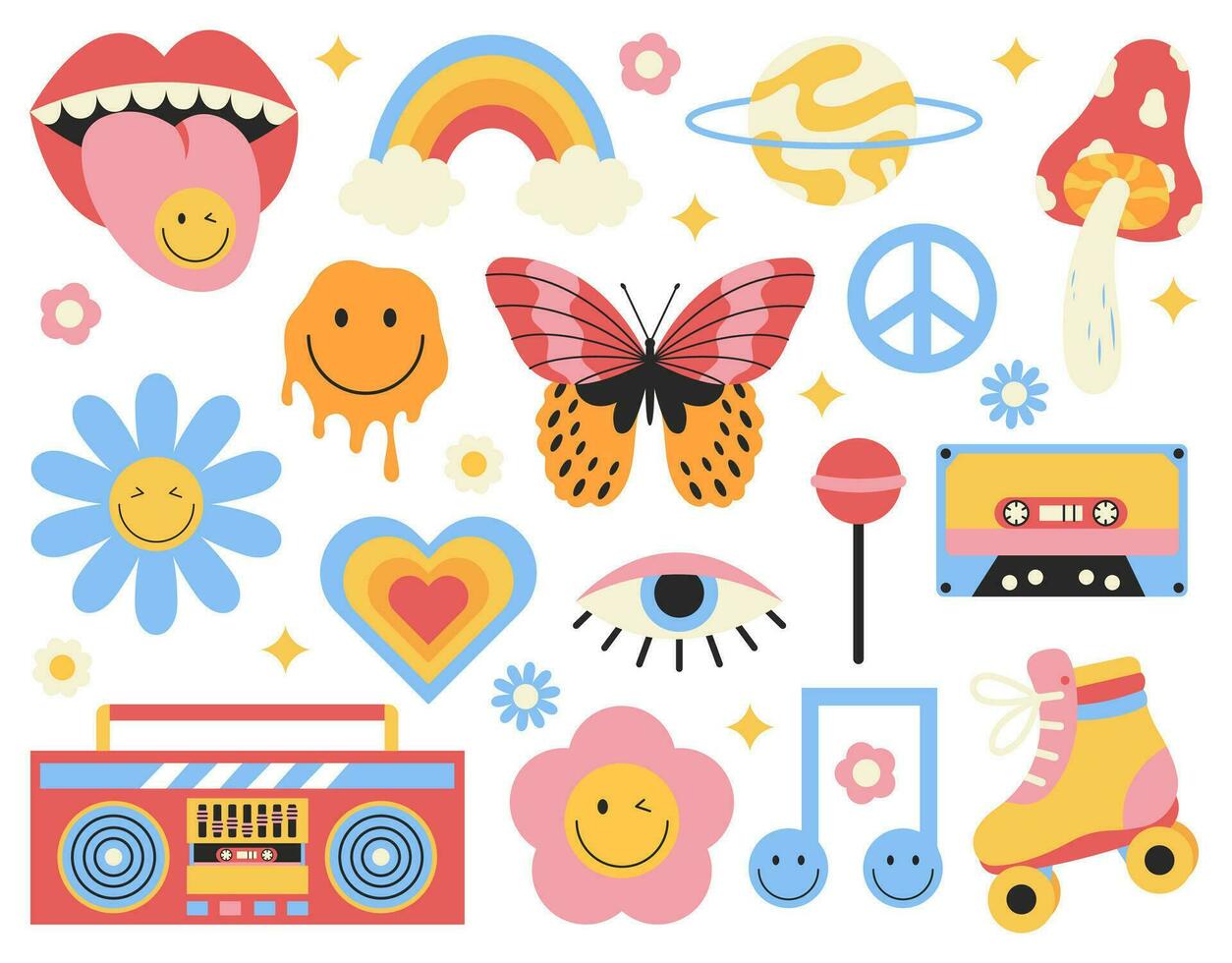 Set of retro 70s groovy hippy elements. Cute mushroom, butterfly, daisy flowers, heart, peace sign, rainbow, cassette tape etc isolated on white background. vector