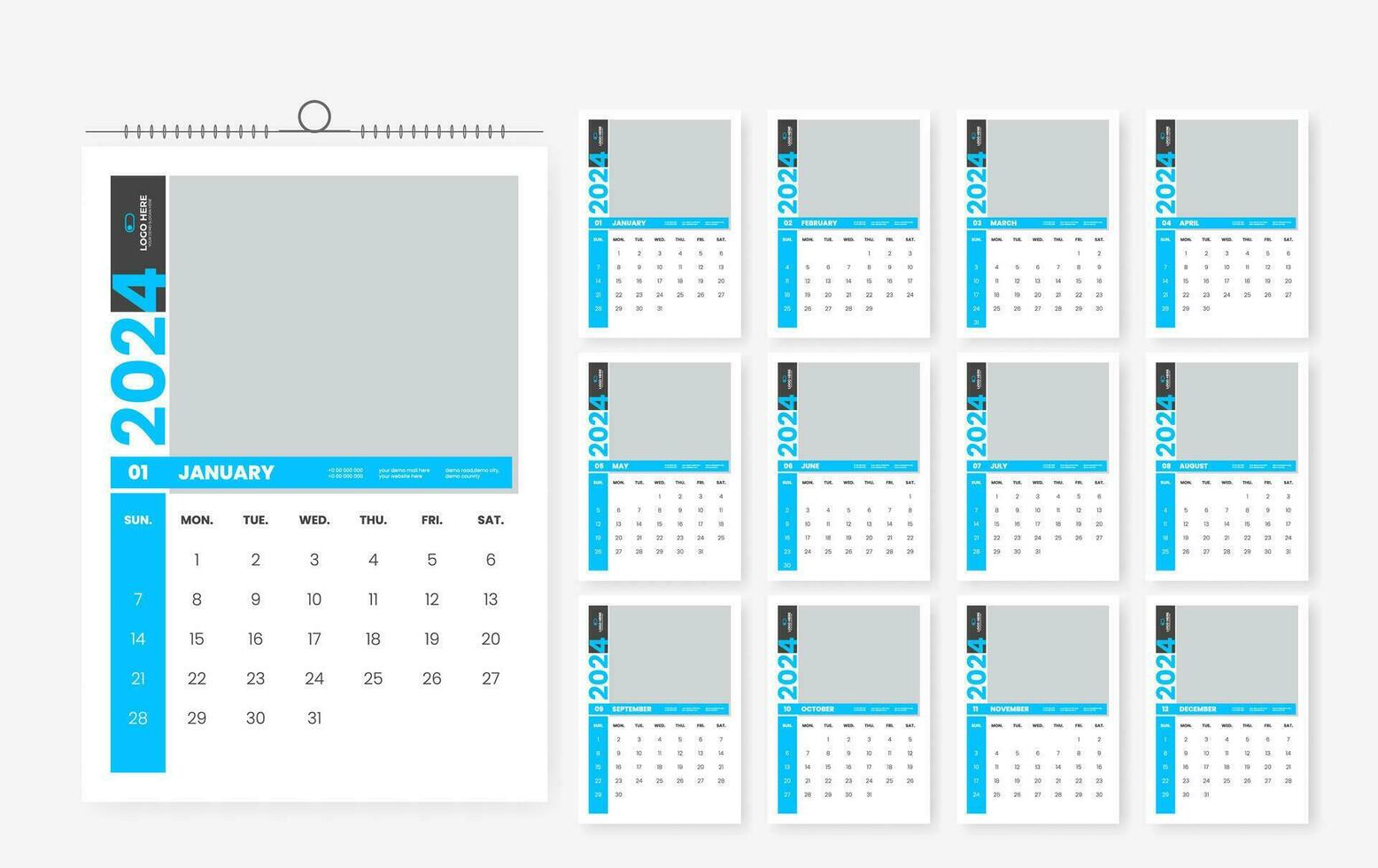 2024 12 page wall calendar template design vector