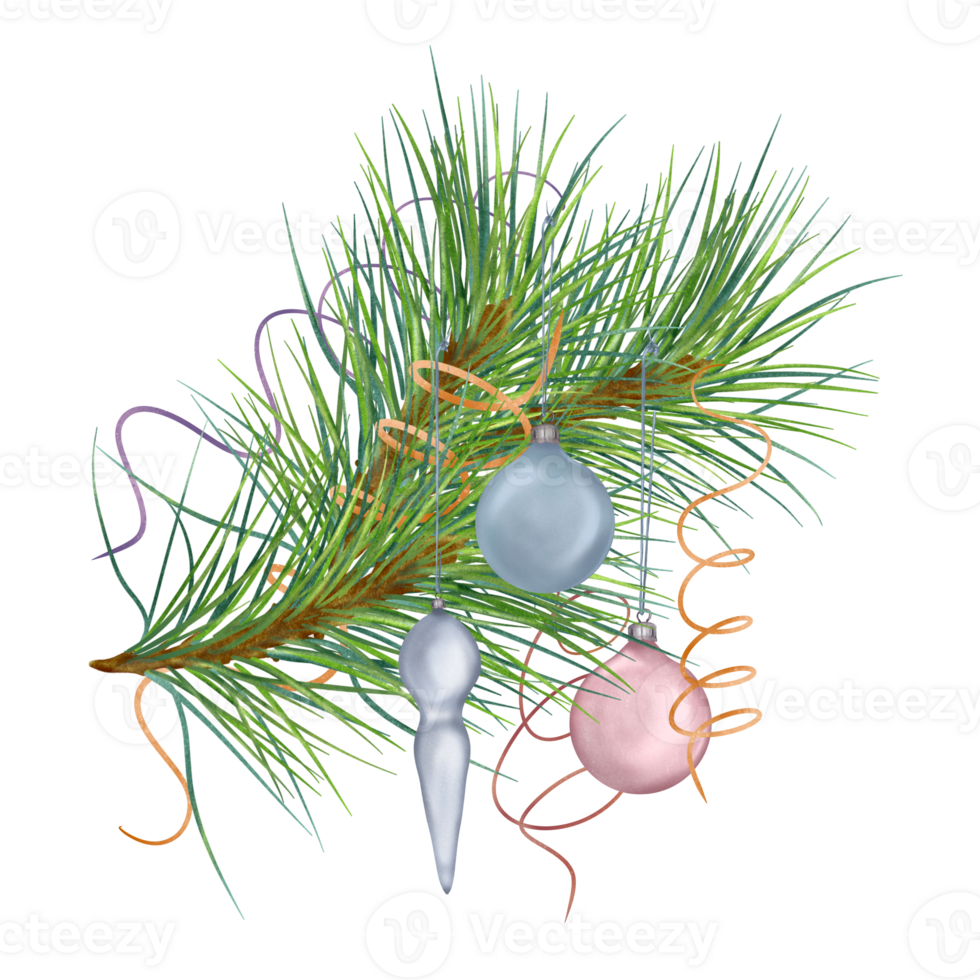 Pine branch with Christmas balls, serpentine digital watercolor style illustration. Xmas tree decoration hand drawn. Element for card, 2023 new year design, holiday print. png