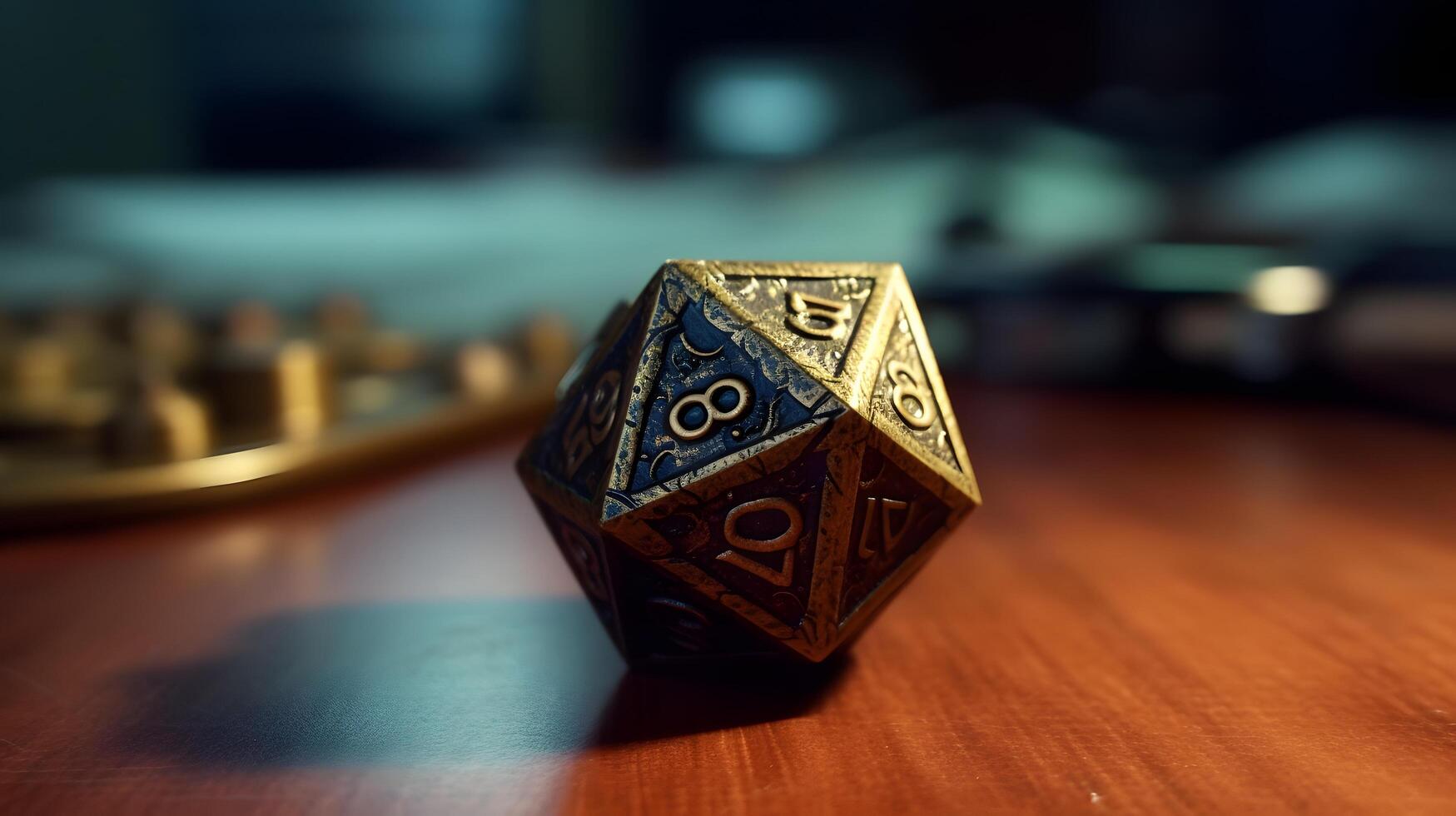 a set of metal dice and a metal dice tower photo