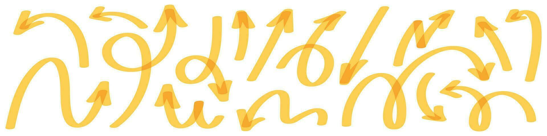 mano dibujado amarillo flechas con espirales y curvas. cepillo y marcadores garabatear elementos, señalando arriba. plano vector ilustración aislado en blanco antecedentes.