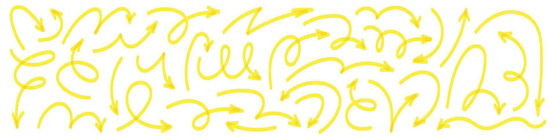 Hand drawn yellow markers arrows doodle set. Various sketch elements like pen, pencil, and brush highlights marks. Flat vector illustration isolated on white background.