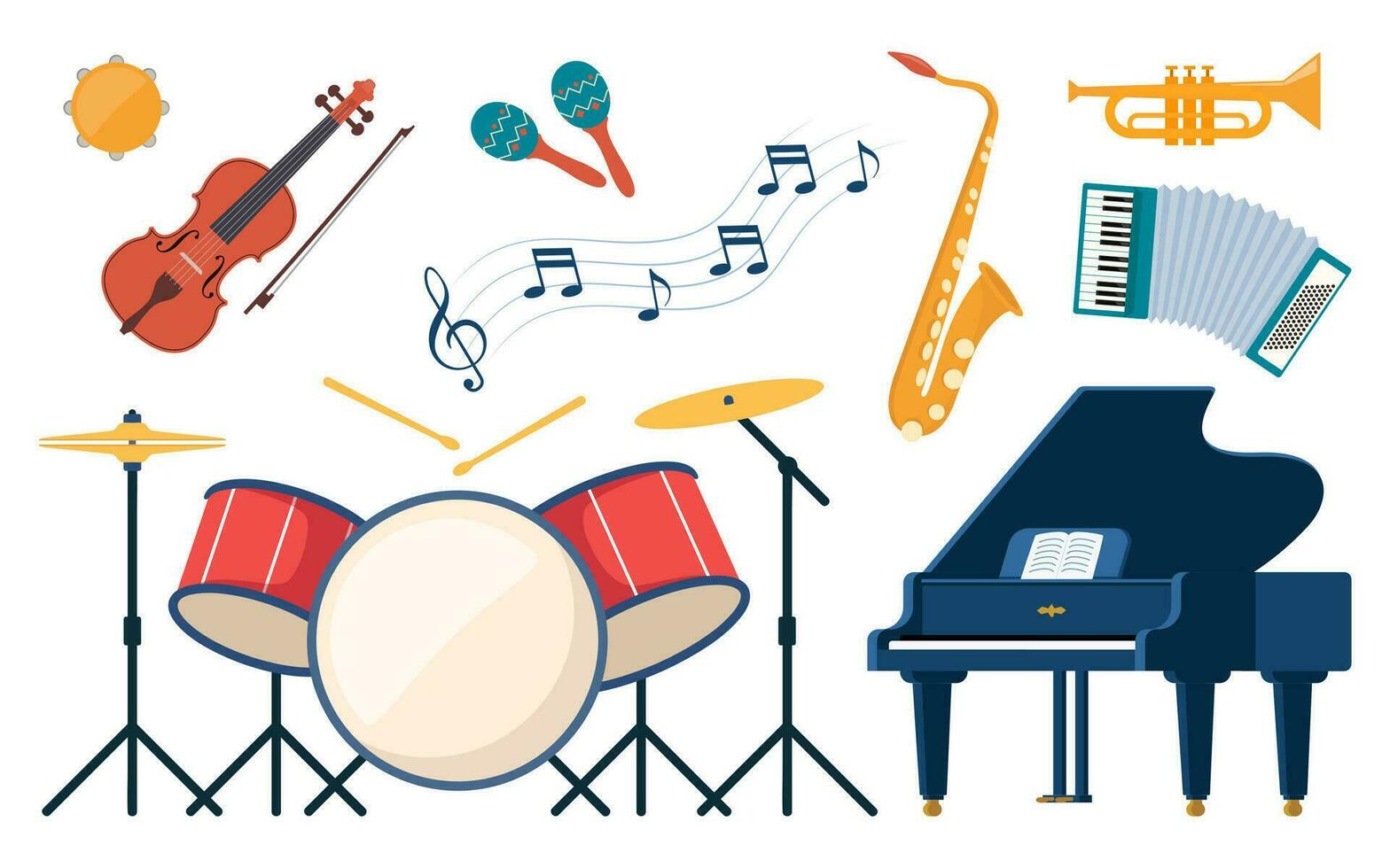 musical instrumentos, conjunto de iconos grandioso piano, violín, violonchelo, tambor, platillos, saxofón, acordeón, pandereta. vector ilustración.