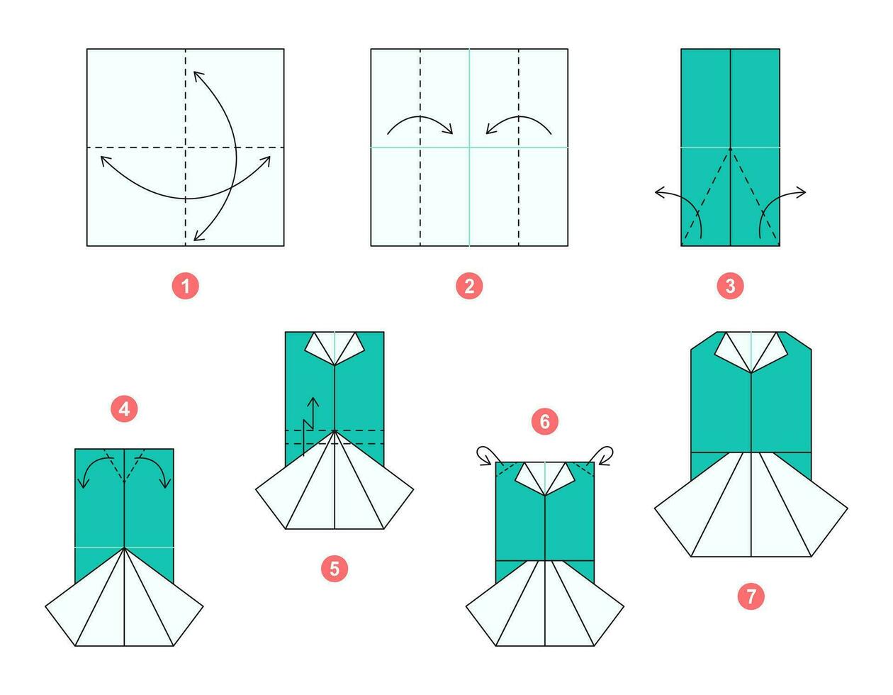 Blouse and skirt origami scheme tutorial moving model. Origami for kids. Step by step how to make a cute origami clothing. Vector illustration.