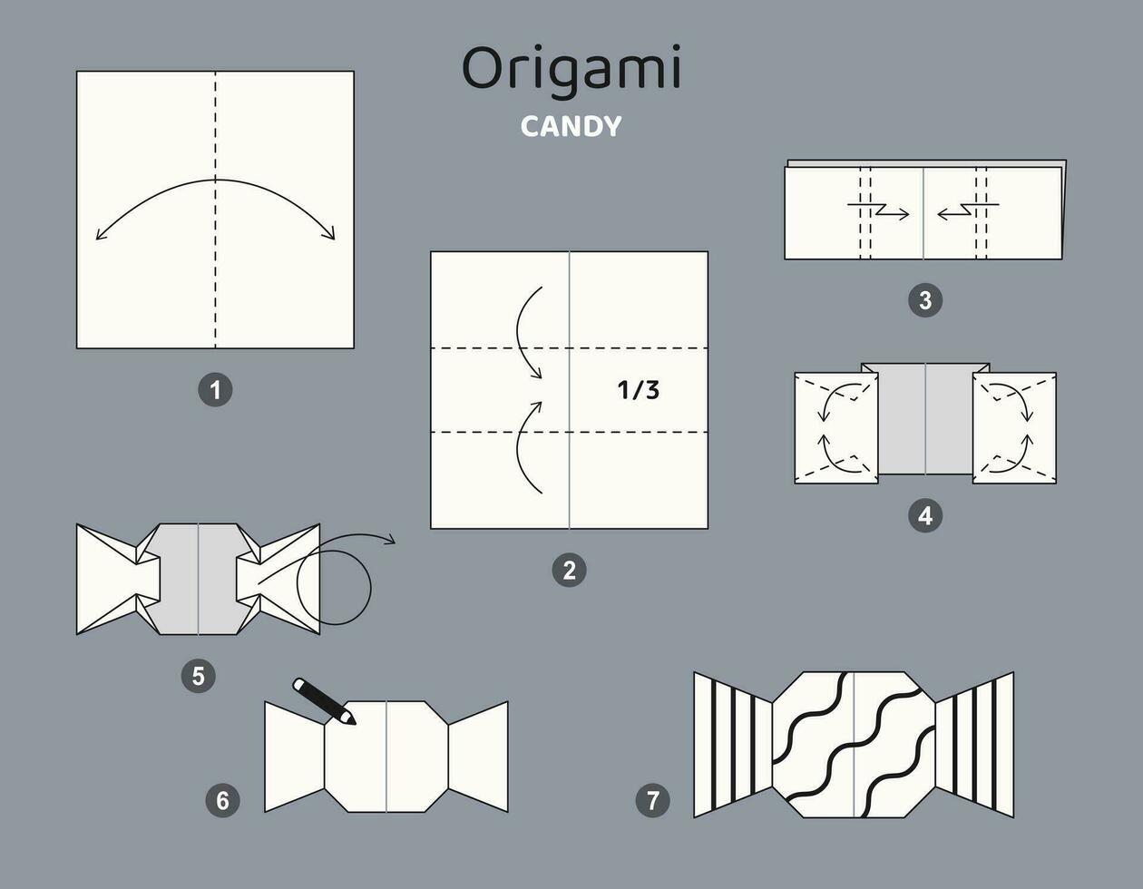 Candy origami scheme tutorial moving model. Origami for kids. Step by step how to make a cute origami candy. Vector illustration.