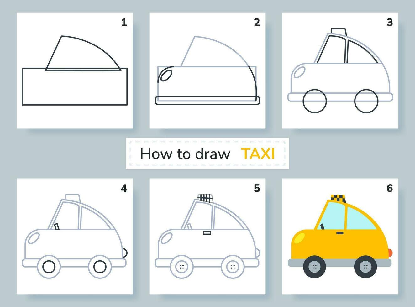 Drawing tutorial. How to draw taxi. Education and activity page for preschool and school children. Kids worksheet. Step by step art lessons with car. Vector illustration.