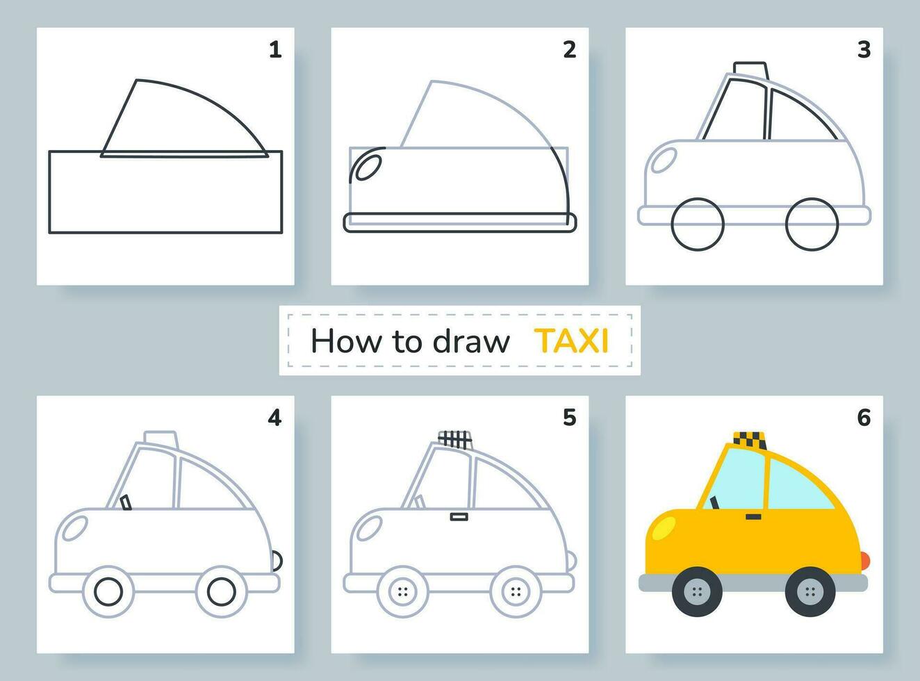 Drawing tutorial. How to draw taxi. Education and activity page for  preschool and school children. Kids worksheet. Step by step art lessons  with car. Vector illustration. 27929894 Vector Art at Vecteezy