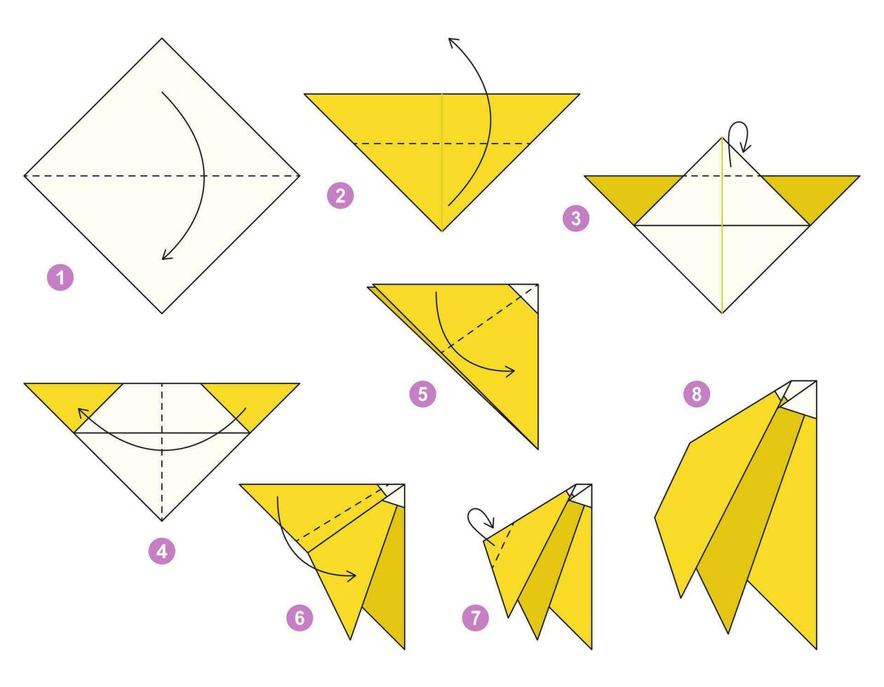 Bananas origami scheme tutorial moving model. Origami for kids. Step by step how to make a cute origami banana. Vector illustration.