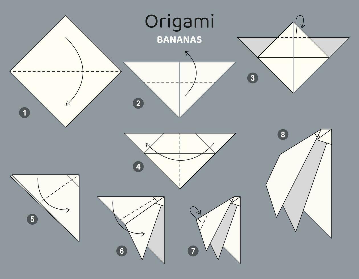 Bananas origami scheme tutorial moving model. Origami for kids. Step by step how to make a cute origami banana. Vector illustration.