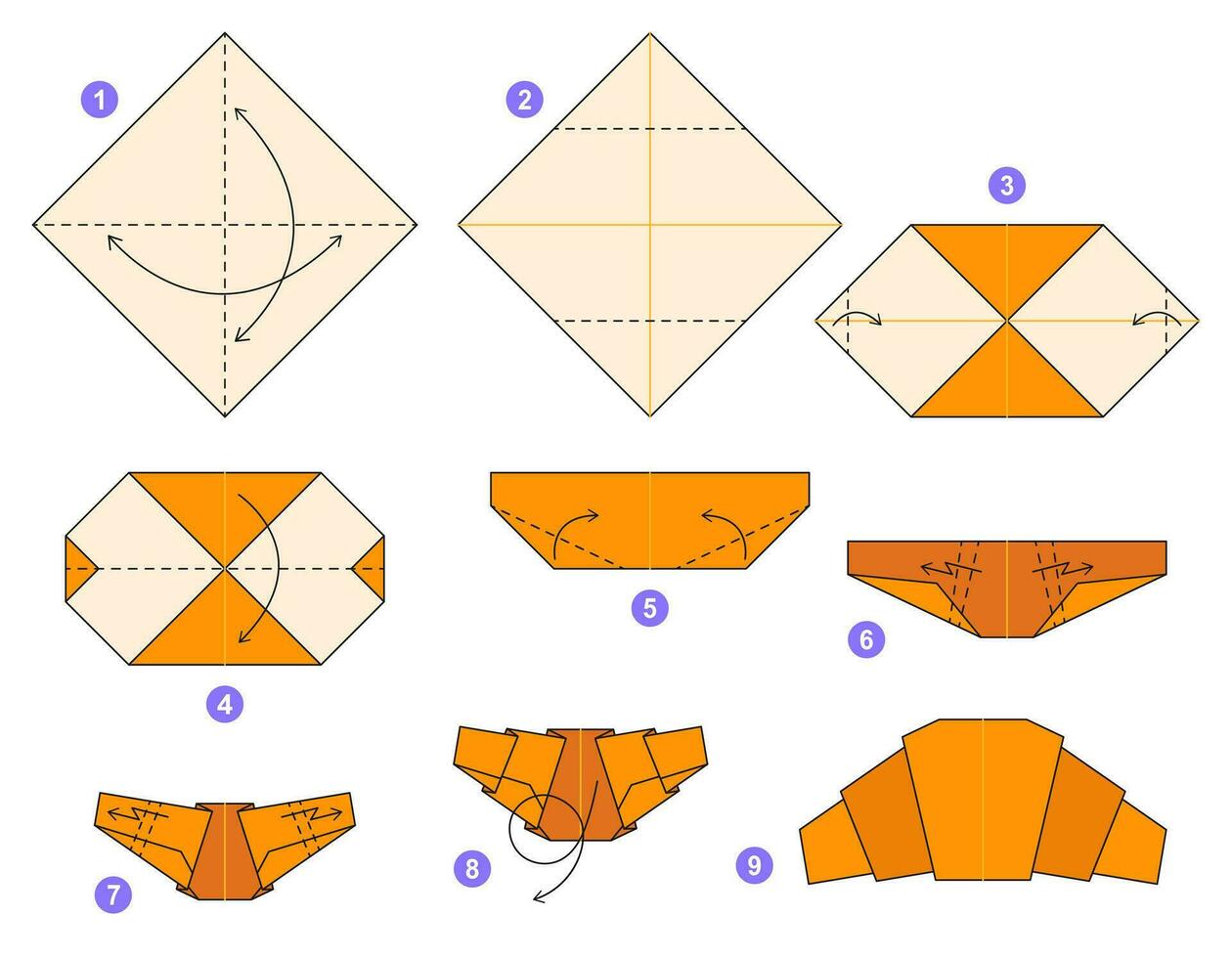 Croissant origami scheme tutorial moving model. Origami for kids. Step by step how to make a cute origami croissant. Vector illustration.