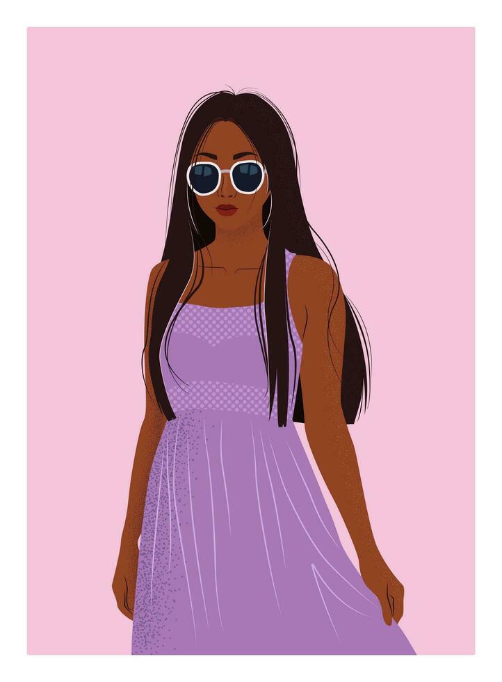 Vector vertical poster. Cute illustration of African American woman in violet dress and sunglasses. Poster or web banner for sale, ad, coupon, brochure. Modern isolated art on pink background.