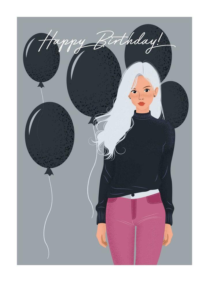 Happy birthday card. Vector cute illustration of European woman in a sweater and jeans. Postcard for the holiday of woman or girl. Congratulation poster with black balloons. Birthday party