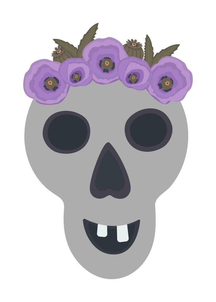 Grey human scull and wreath with purple flowers, illustration for Halloween vector