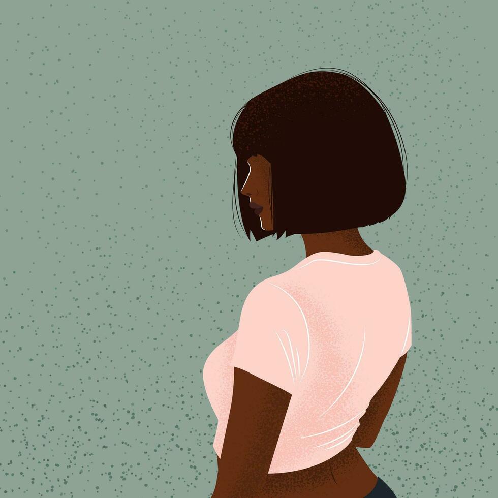 joven africano americano mujer con corto negro Derecho pelo en rosado tee camisa. aislado negro fuerte niña en pie en medio un giro en antecedentes. vector ilustración, póster, bandera, cubrir.