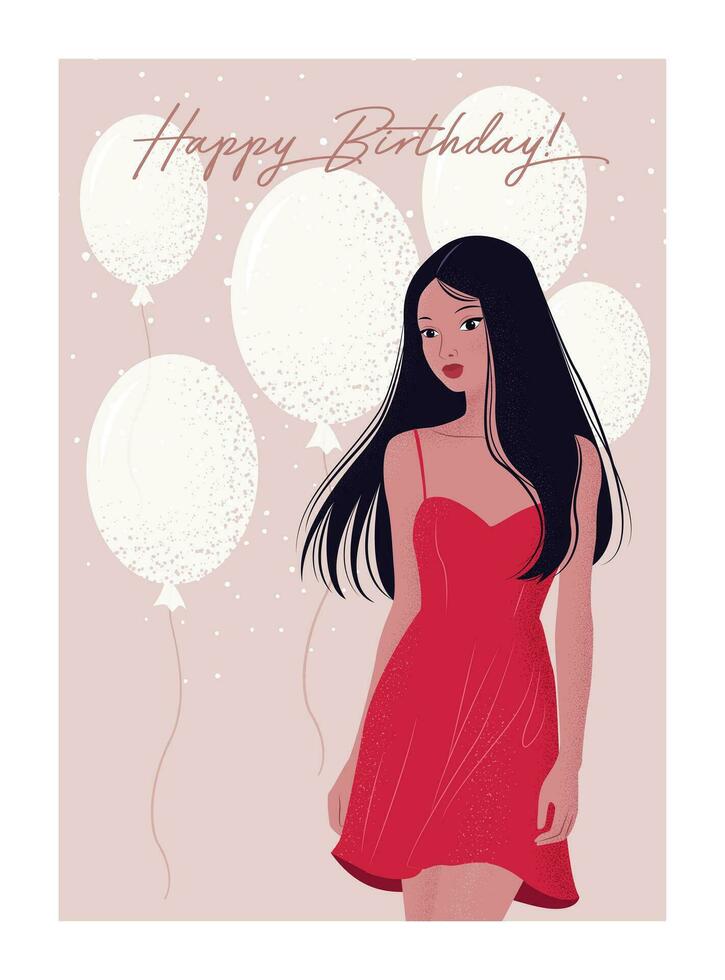 Happy birthday card. Vector cute illustration of Asian woman in red cocktail dress. Postcard for the holiday of woman or girl. Congratulation poster with balloons. Birthday party