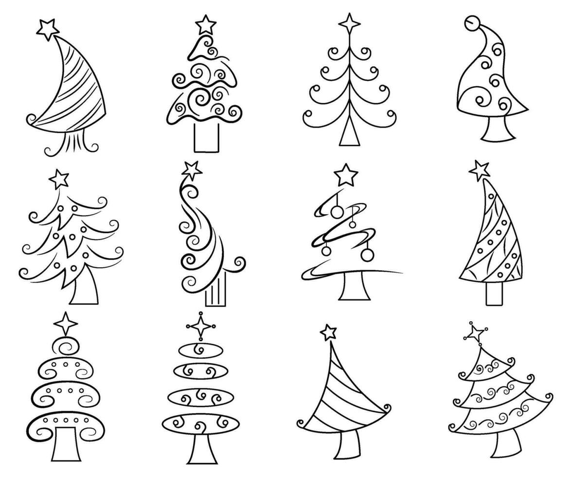 árbol recopilación, Navidad acortar arte, fiesta diciembre línea Arte garabatear vector