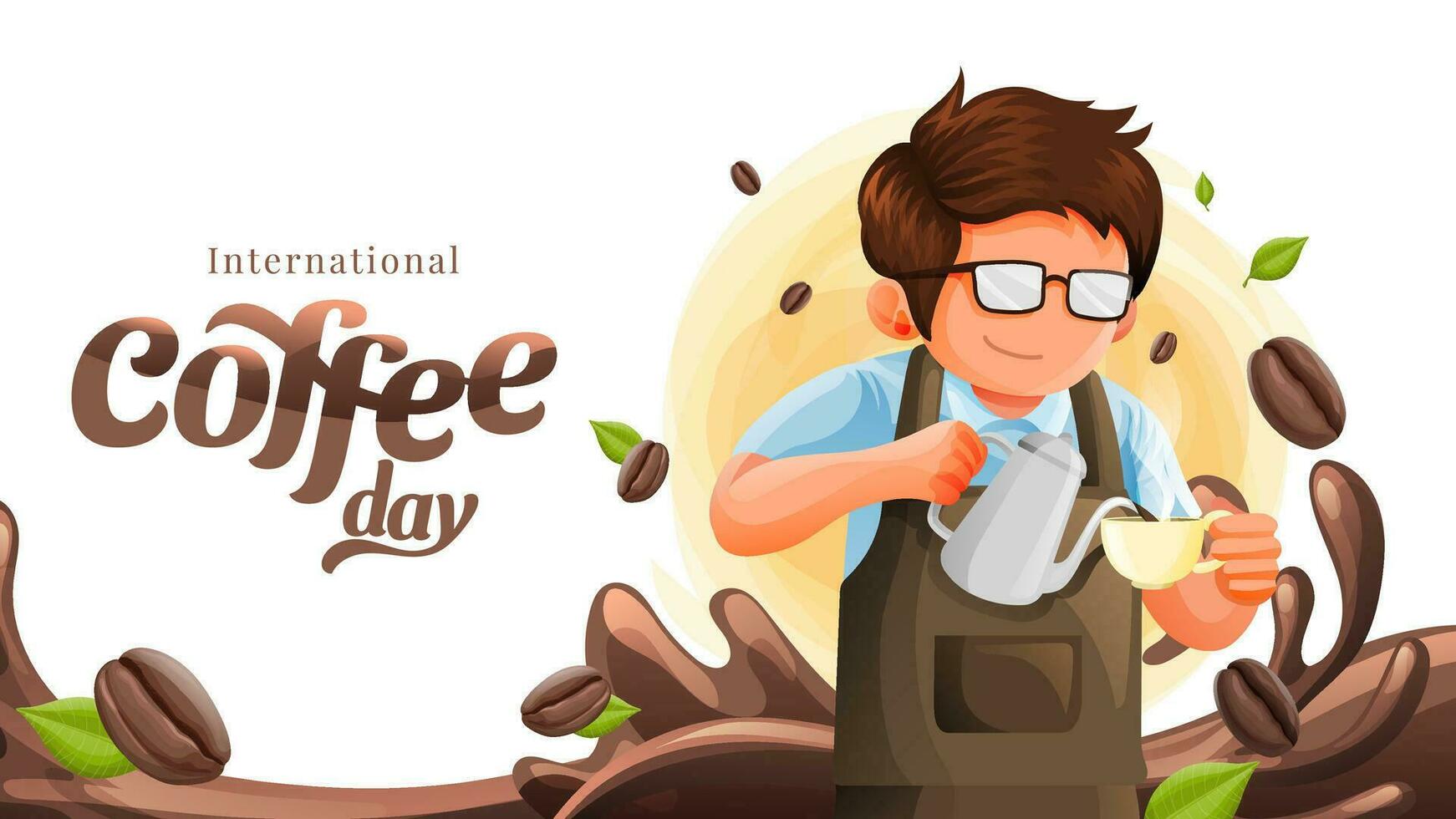 internacional café día bandera con barista hombre haciendo café y café frijoles antecedentes ilustración vector