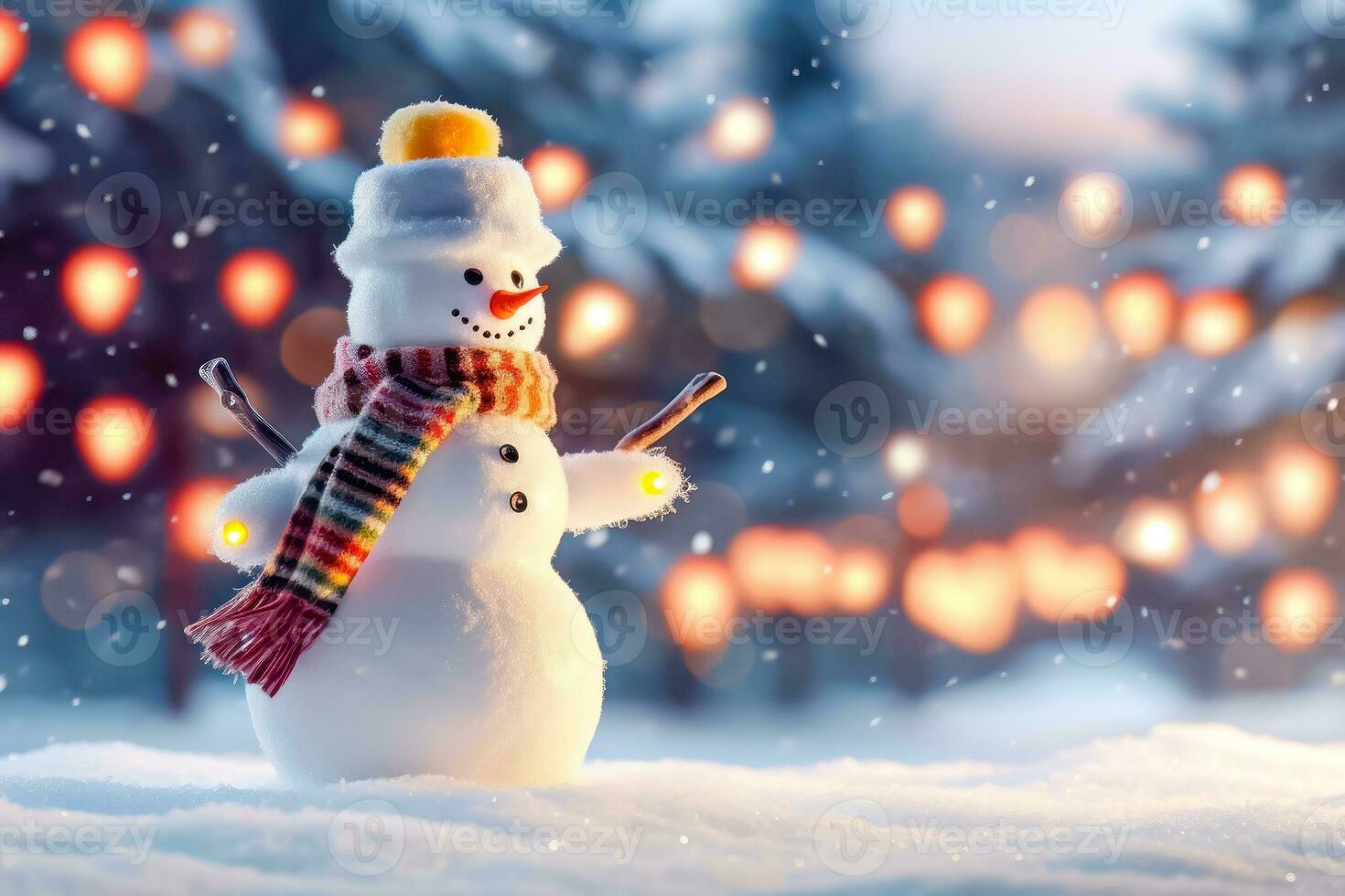 Snowman's Playful Adventure in Bokeh - Generative AI photo