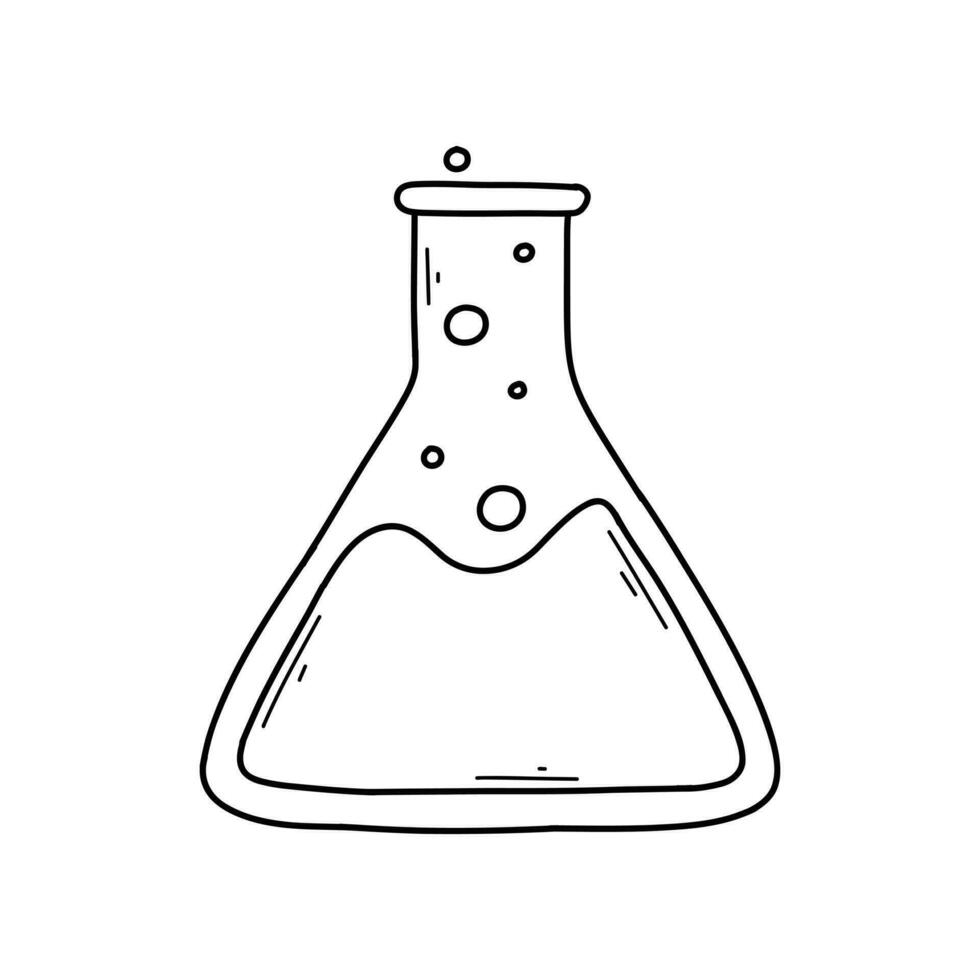 Vector beaker in doodle style isolated on white background. Linear chemical beaker.