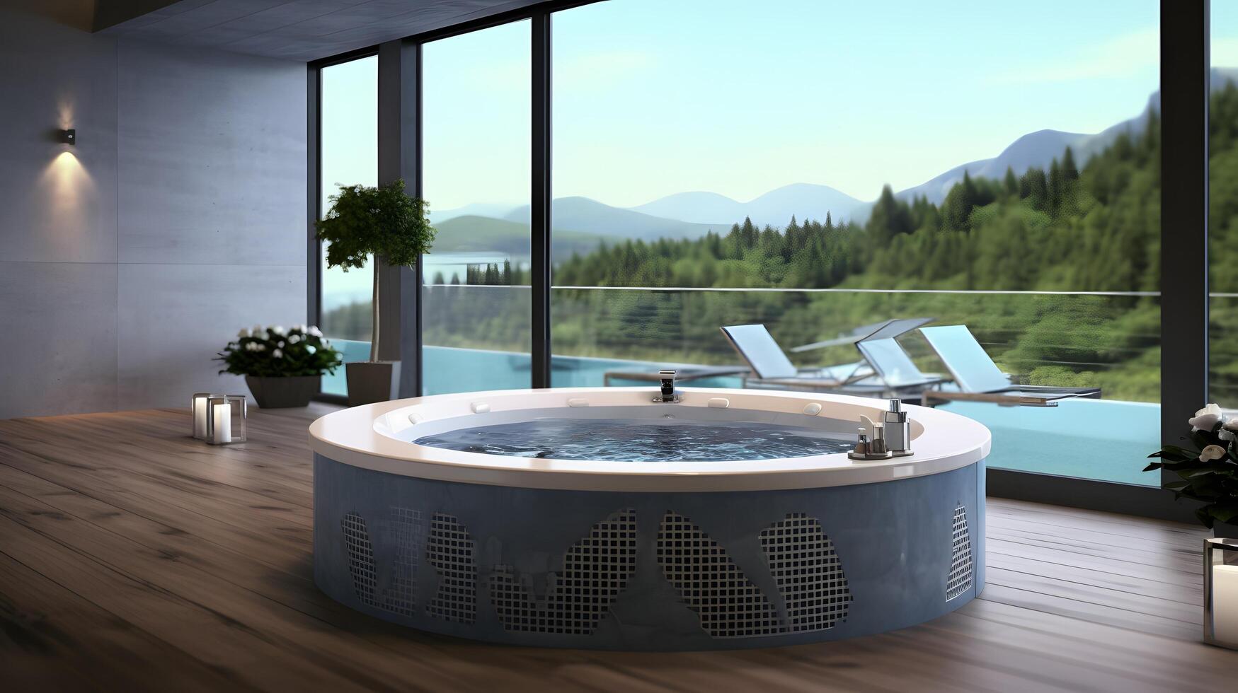 Luxury jacuzzi in the house with a beautiful view of nature, interior  ilustración de Stock