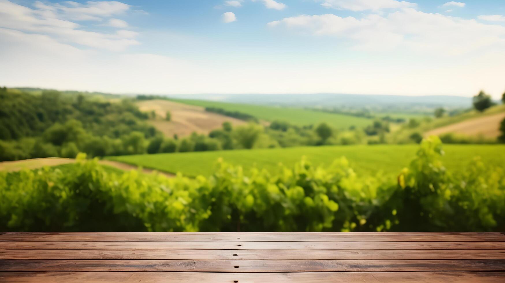 wooden table top with the mountain landscape photo