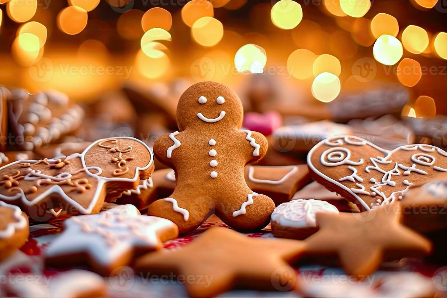 delicioso pan de jengibre hombre y Navidad trata en borroso festivo antecedentes con bokeh - generativo ai foto