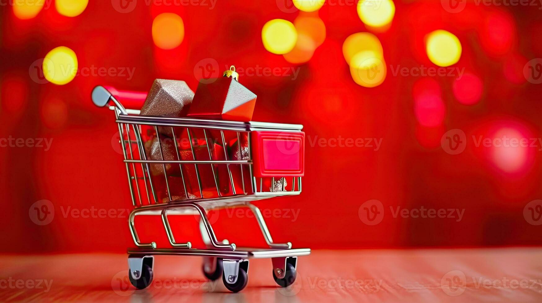 Festive Shopping Extravaganza - Trolley with Gift Boxes and Bokeh - Generative AI photo