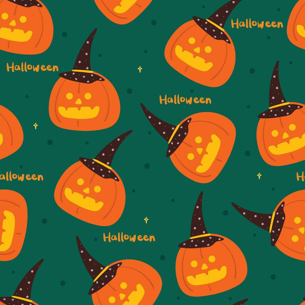 Halloween seamless pattern with cartoon pumpkin, cat, ghost, and halloween element. cute halloween wallpaper for holiday theme, gift wrap paper vector