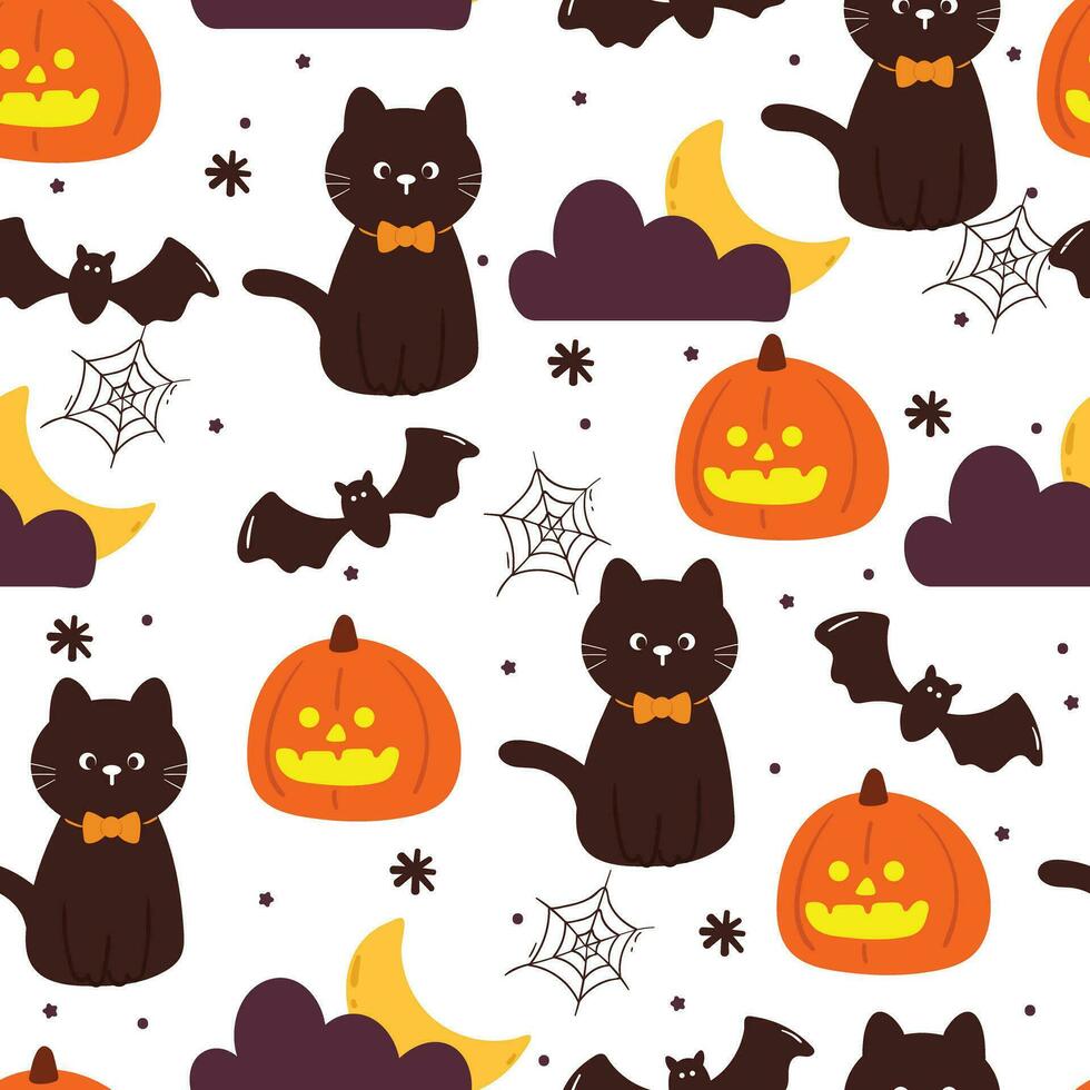 Halloween seamless pattern with cartoon pumpkin, cat, ghost, and halloween element. cute halloween wallpaper for holiday theme, gift wrap paper vector