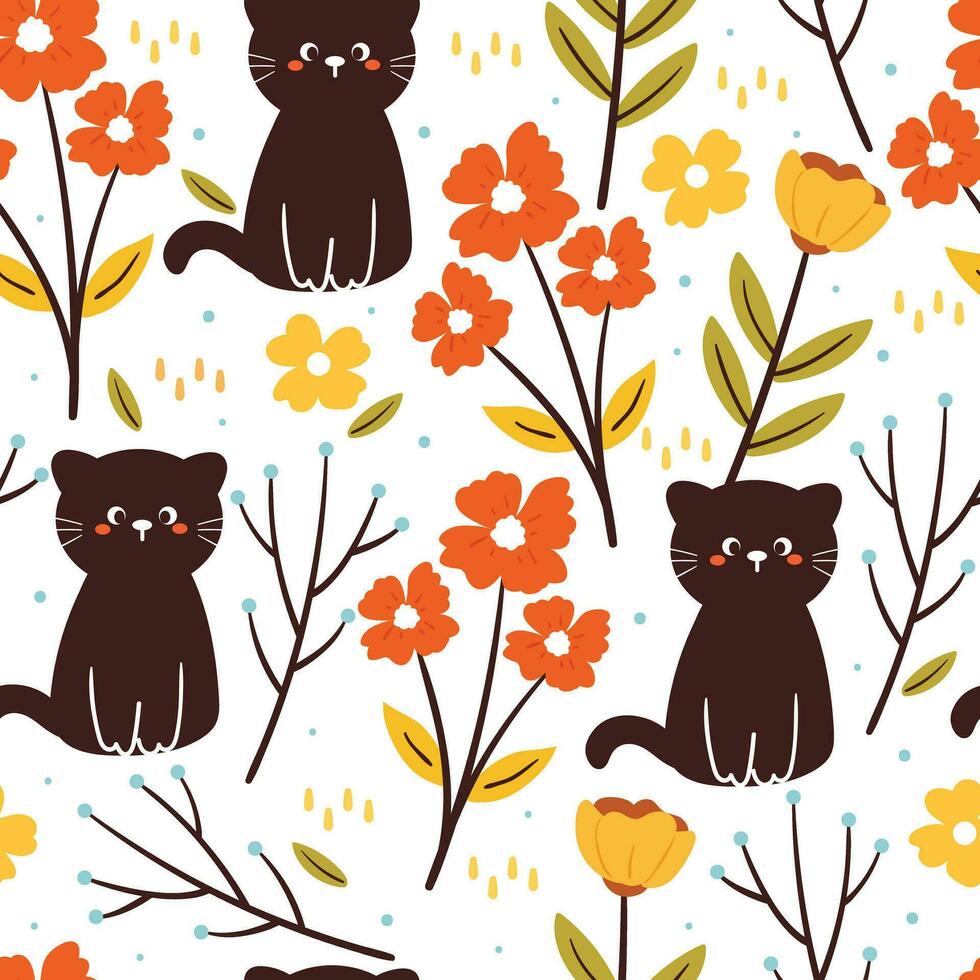 flor y gato de dibujos animados de patrones sin fisuras. lindo papel tapiz animal para textiles, papel de regalo vector