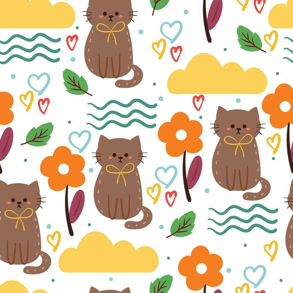 seamless pattern cartoon cat and flower. cute animal wallpaper for textile, gift wrap paper vector