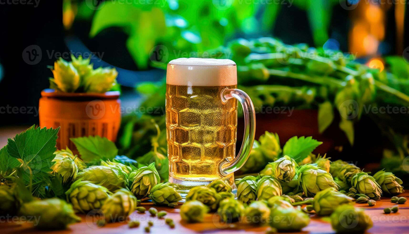 Foamy Beer Bliss with Hop Accents - Generative AI photo