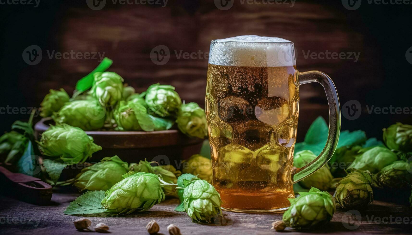 Refreshing Foamy Beer Mug with Hop Buds - Generative AI photo