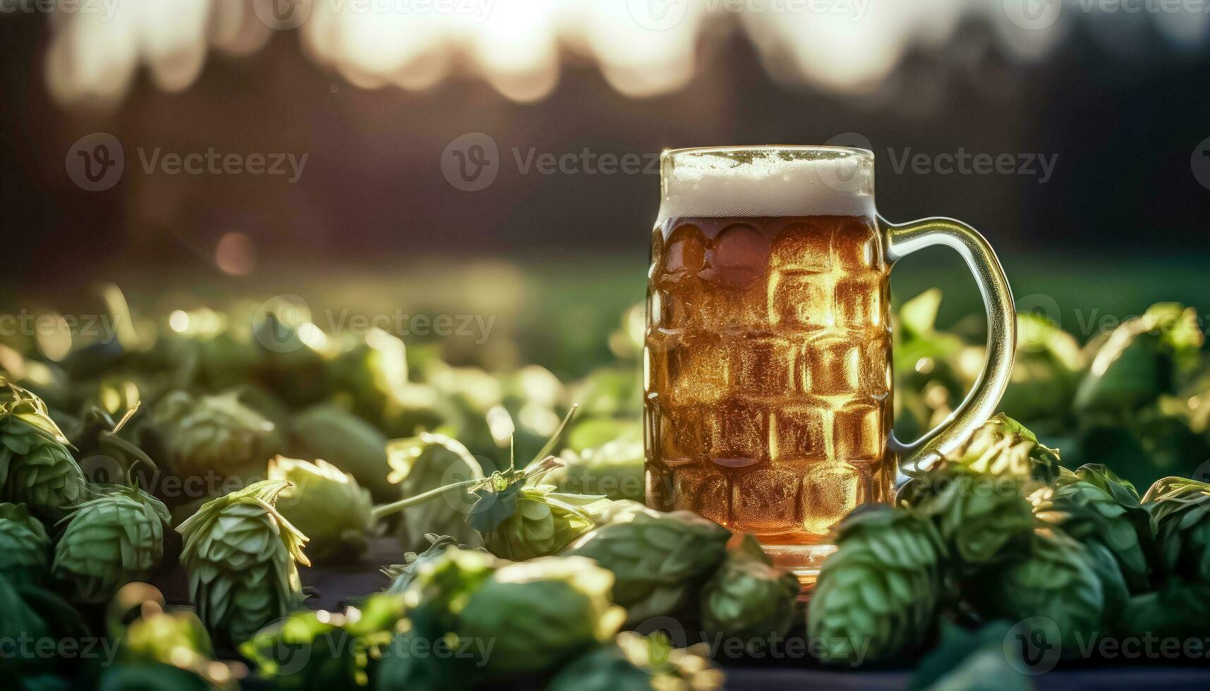 Beer Culture - Foamy Mug and Hop Aroma - Generative AI photo