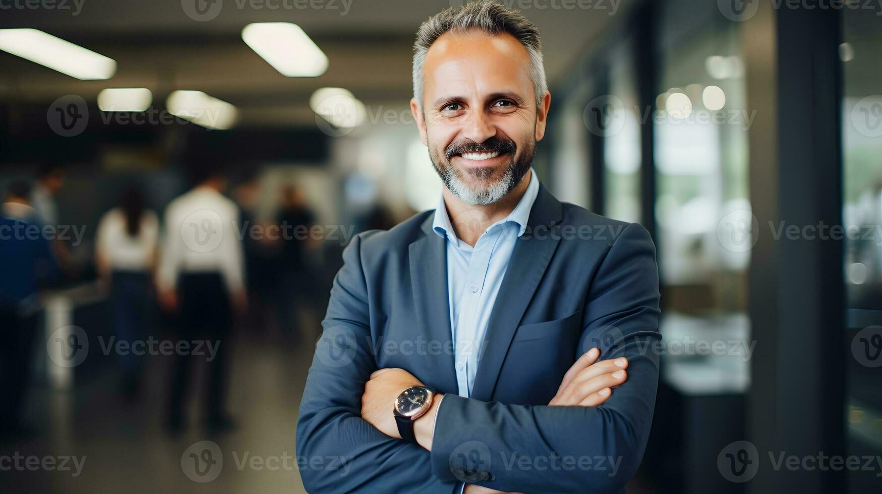 Happy middle aged business man ceo standing in office arms crossed AI Generated photo