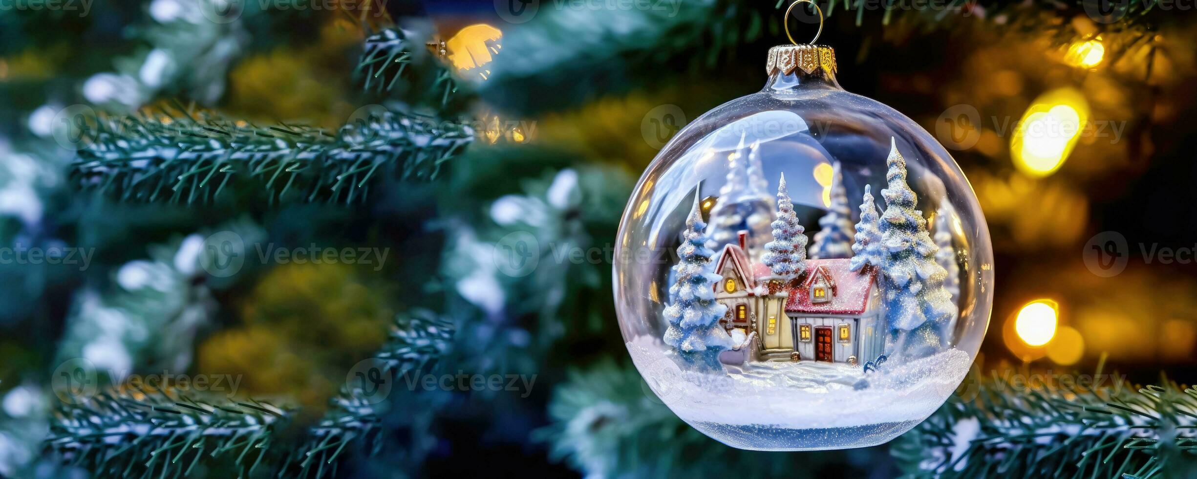 Elegant Transparent Christmas Ball Amidst Bokeh Tree - Generative AI photo