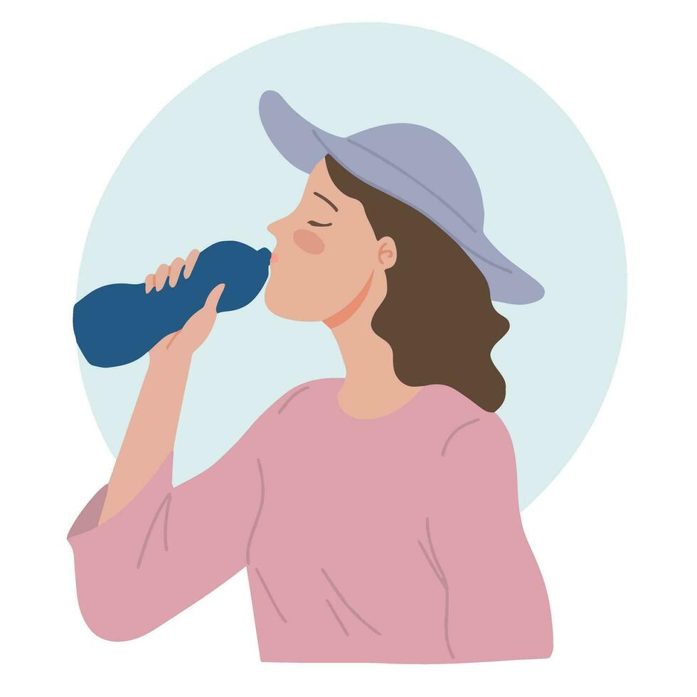 bonito mujer con linda sombrero Bebiendo agua desde el botella vector ilustración