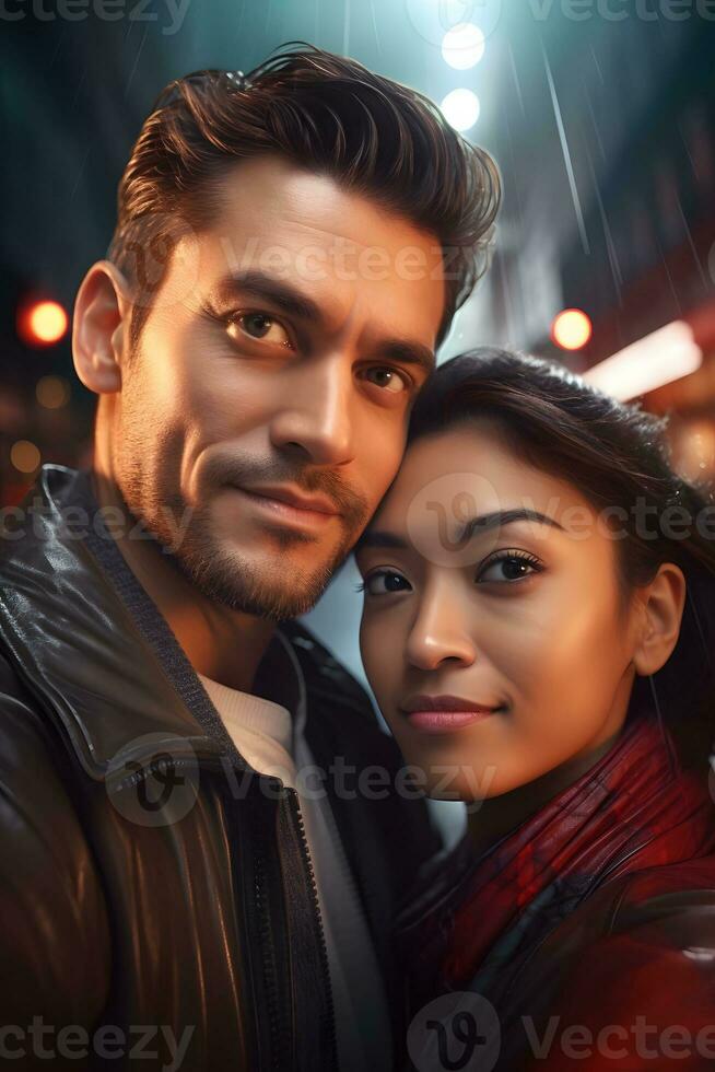 Happy mixed race friends taking selfie on mobile phone, laughing in modern cafe. Successful, emotional bloggers influencers. AI Generated photo