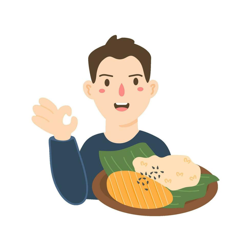 cocinero personaje con mango pegajoso arroz personaje vector