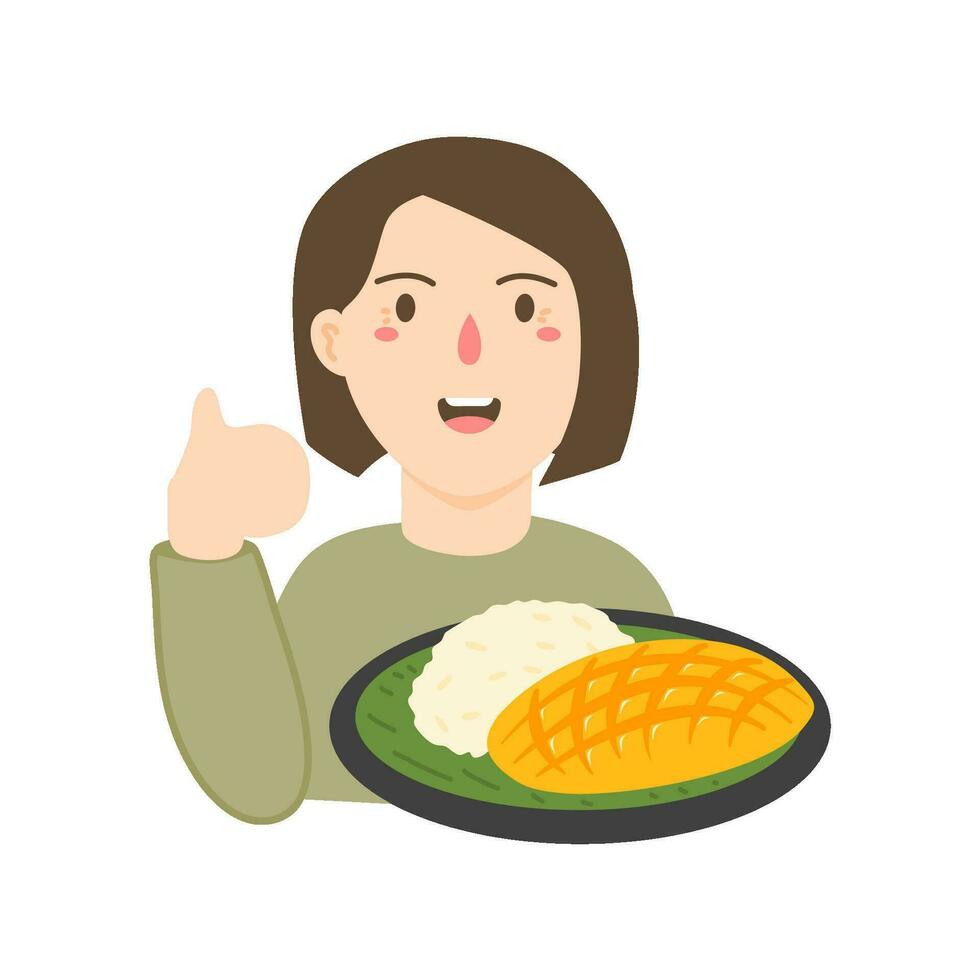 cocinero personaje con delicioso mango pegajoso arroz personaje vector