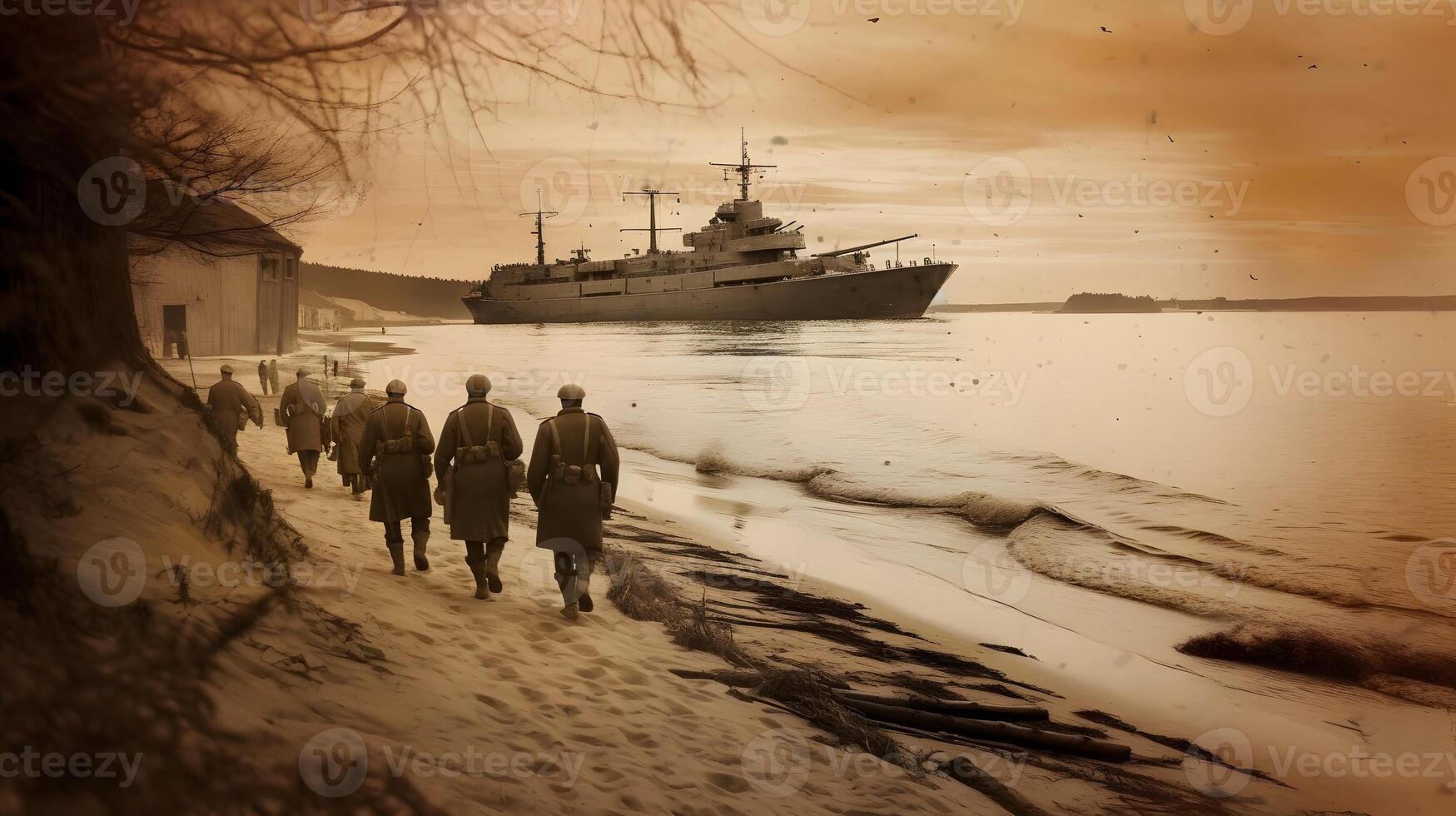 a group of soldiers walking along the beach with a ship in the background. photo