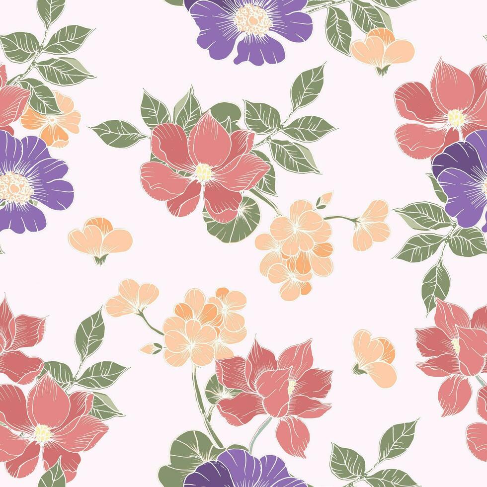 Hand Drawn Anemone and Magnolia Flower Seamless Pattern vector