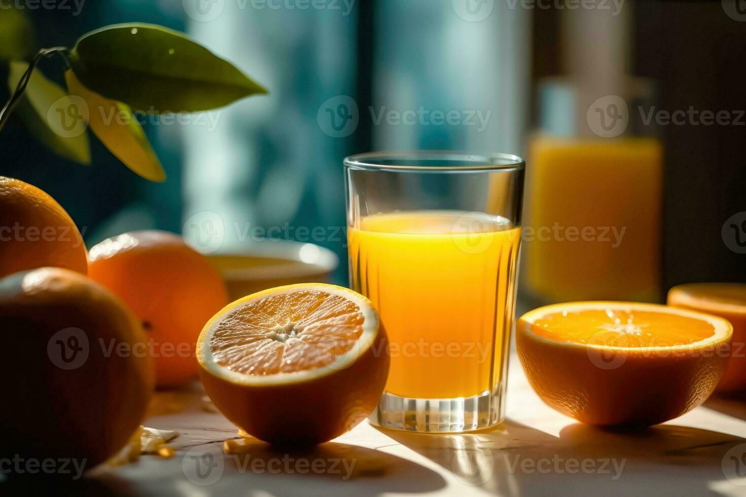 vibrante naranja jugo y Fresco maduro naranjas - generativo ai foto