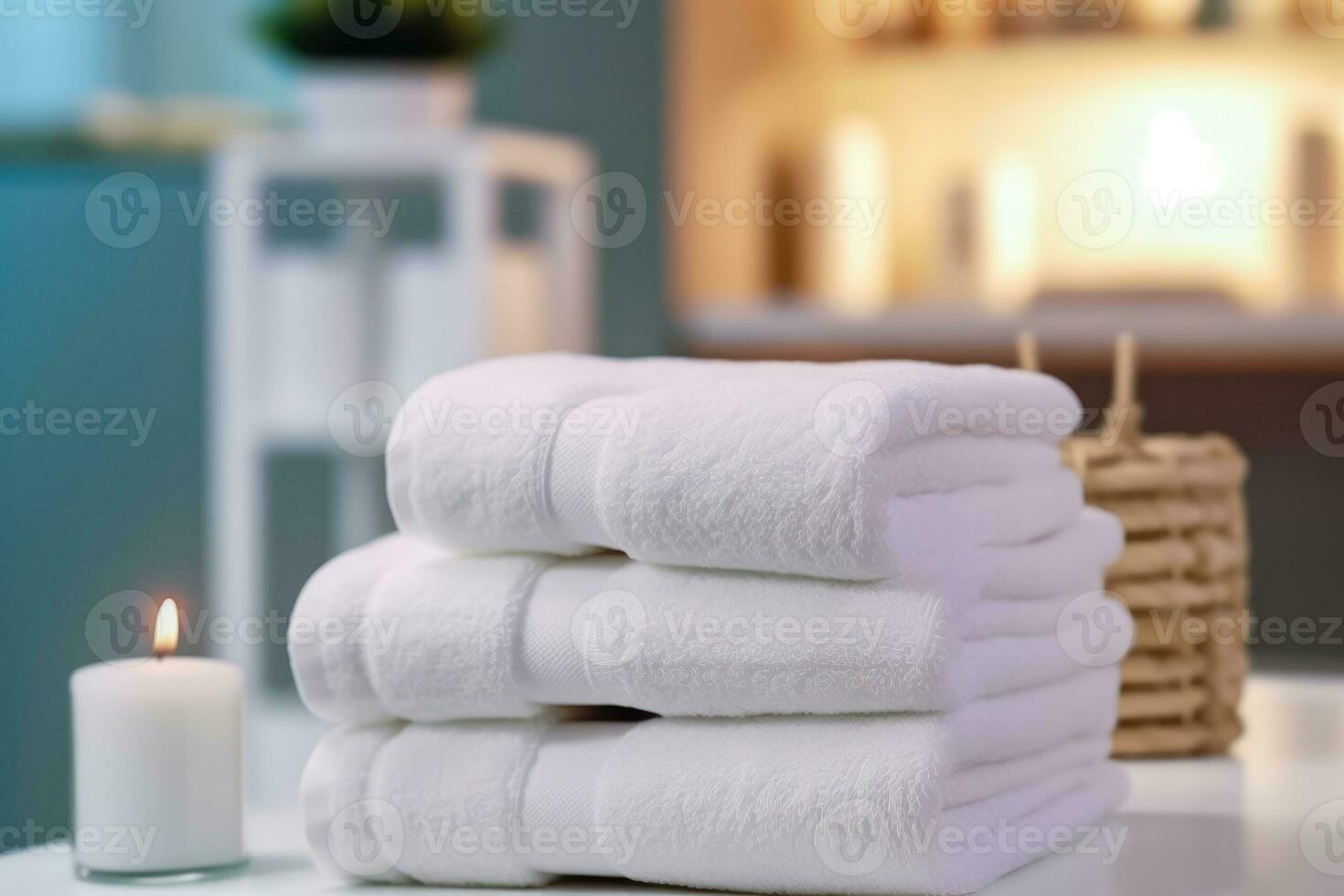 Spa Retreat - Soft White Towels and a Burning Candle for Relaxation - Generative AI photo